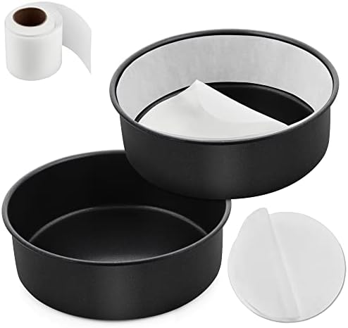 E-far 6 Inch Cake Pans Set of 2, Nonstick Stainless Steel Small Round Baking Pans with Parchment Paper & Side Liner Roll, Stainless Steel Core & Non-toxic Coating, Straight Side & 2 Inch Deep
