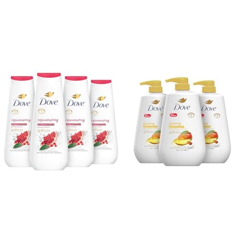 Dove Body Wash Rejuvenating Pomegranate & Hibiscus 4 Count for Renewed & Body Wash with Pump Glowing Mango & Almond Butter 3 Count for Renewed