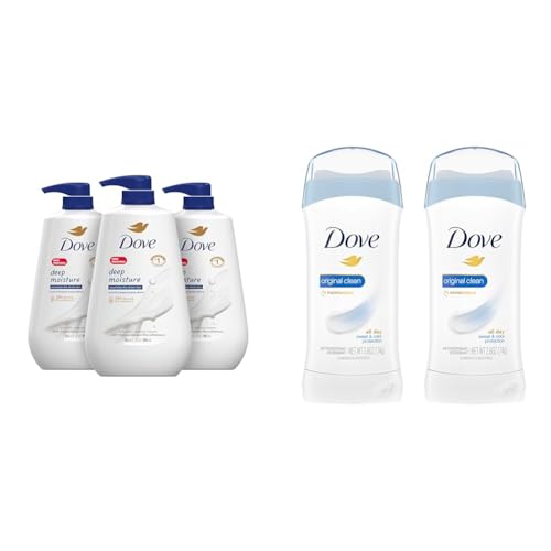 Dove Body Wash with Pump Deep Moisture For Dry Skin Moisturizing Skin Cleanser Pack of 3 Invisible Solid Antiperspirant Deodorant Stick for Women Original Clean 2 Count