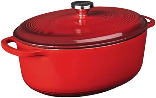 Lodge 7 Quart Enameled Cast Iron Oval Dutch Oven with Lid – Dual Handles – Oven Safe up to 500° F or on Stovetop - Use to Marinate, Cook, Bake, Refrigerate and Serve – Red