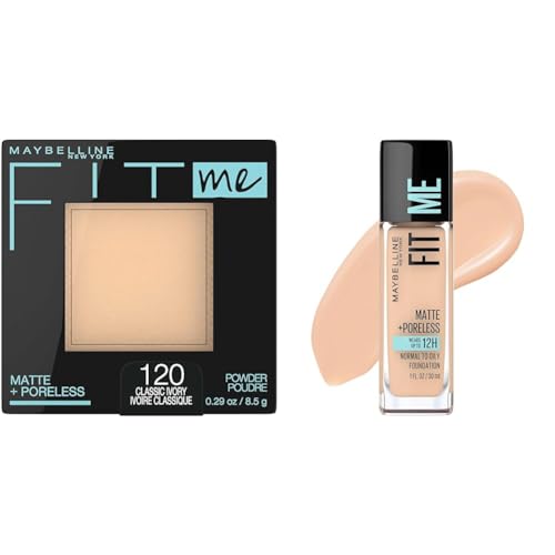 Maybelline Fit Me Matte + Poreless Pressed Powder Classic Ivory 1 Count & Liquid Foundation Creamy Beige 1 Count Bundle