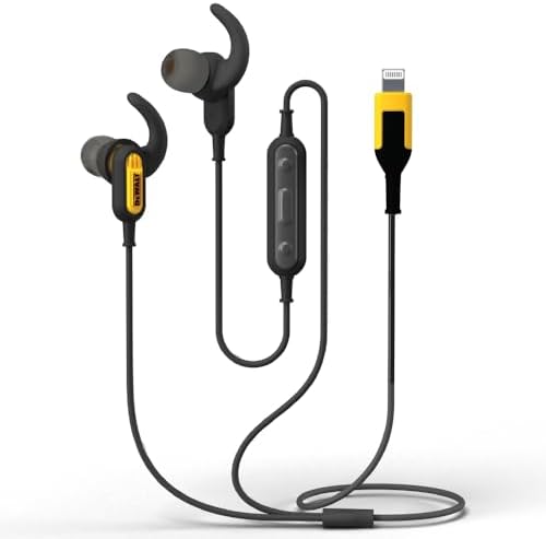 DEWALT Earphones for Lightning — Apple Compatible Wired Headphones — Jobsite Water-Resistant Earphones for iPhone — Wired Headphones for iPhone