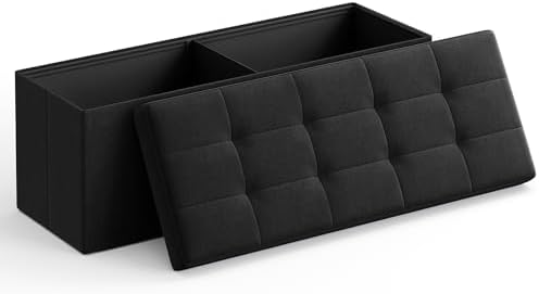 SONGMICS MAZIE Collection - 43 Inches Folding Storage Ottoman Bench, Ottoman Foot Rest, End of Bed Bench, Storage Chest, Load 660 lb, for Living Room, Bedroom, Entryway, Ink Black ULSF077B01