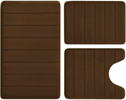 BYSURE Brown Memory Foam Bathroom Rug Set 3 Piece, Non Slip Extra Soft Absorbent Bath Mats, Machine Washable & Dry Toilet Mat Sets for Bathroom Floor