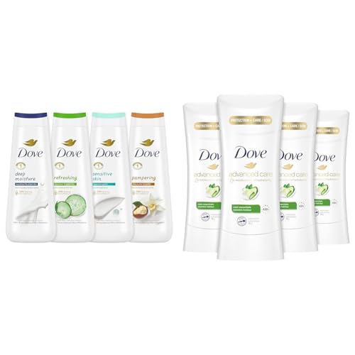 Dove Body Wash 4 Count Skin Cleanser Collection with MicroMoisture and Antiperspirant Deodorant Cool Essentials Pack of 4 with Moisturizers