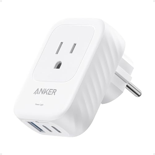 Anker European Travel Plug Adapter, 15W USB-C Power Plug, Fits Type E/F Sockets with 2 AC Outlets, 2 USB C & 1 USB A Port, Compact for iPhone 15, iPad, and More (Not Compatible with Type L/G Sockets)