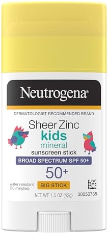 Neutrogena Sheer Zinc Oxide Kids Mineral Sunscreen Stick, Broad Spectrum SPF 50+ & UVA/UVB Protection & Water Resistant with Residue-Free, No-Mess Application, Oil- & Paraben-Free, 1.5 oz