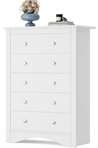 YESHOMY Tall Dresser for Bedroom with 5 Drawers, Modern Chest of Drawers, Wooden Dressers, TV Stand for Living Room,Closet, Hallway (White)