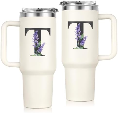 Initial 40 oz Tumbler with Handle, Personalized Birthday Gifts for Women, Monogrammed Travel Tumbler for Mom, Wife, Sister, Customized Cup for Water Tea Coffee, Regalos Para Mujeres (T)