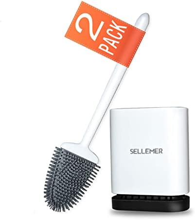 Sellemer Toilet Brush and Holder Set for Bathroom, Flexible Toilet Bowl Brush Head with Silicone Bristles, Compact Size for Storage and Organization, Ventilation Slots Base (2 Pack, White)