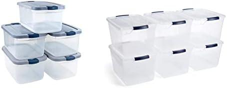 Rubbermaid Roughneck Clear 50 Qt/12 Gal Storage Containers, Pack of 5 with Latching Grey Lids & Cleverstore Clear 30 Qt/7.5 Gal, Pack of 6 Stackable Plastic Storage Containers