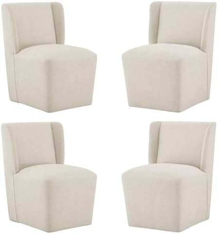 Upholstered Dining Chairs Set of 4 with Casters, Wingback Modern Side Armless Deskchair with Rollers for Diningroom Bedroom Livingroom Reading Room, Cream Beige Fabric