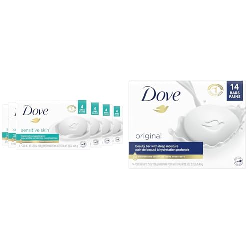 Dove Beauty Bar Cleanser Bundle with Sensitive Skin Hypoallergenic 24 Bars and Original 14 Bars