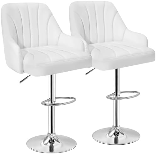 VECELO Bar Stools Set of 2, Adjustable Barstools, Counter Height Stools with Back and Arm, Kitchen Island Stools, Swivel PU Leather Stools, Modern Style, White