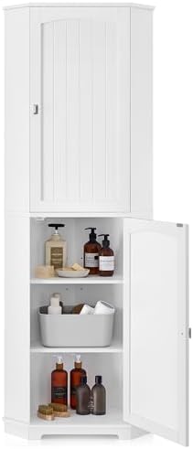 VASAGLE Corner Cabinet, Tall Corner Storage Cabinet with 2 Doors and 4 Adjustable Shelves, for Bathroom Kitchen Living Room, Modern Farmhouse Design, White UBBC541P31