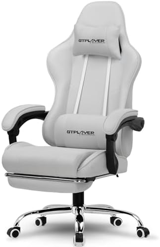 GTPLAYER Gaming Chair with Footrest, Computer Chair with and Lumbar Support, Height Adjustable Game Chair with 360°-Swivel Seat and Headrest and for Office or Gaming (All Light Gray-Fabric)