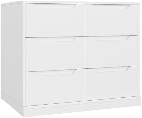 HOSTACK Modern 6 Drawer Dresser for Bedroom, Double Chest of Drawers with Storage, Large Wooden Storage Dresser Organizer with Cut-Out Handles, Accent Storage Cabinet for Living Room, Entryway, White