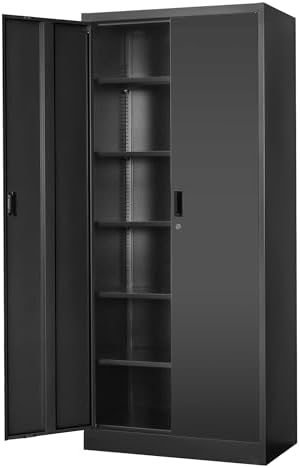 Metal Storage Cabinet, 71”H Metal Garage Cabinet with 5 Adjustable Shelves, Locking Storage Cabinets for Garage, Home, Office, Pantry(Black)