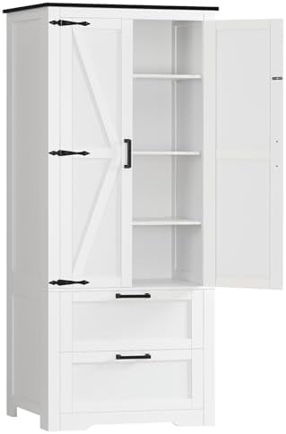 TEENFON 66.2" H Storage Cabinet with 2 Drawers, Farmhouse Kitchen Pantry Cabinet with 2 Doors & Adjustable Shelf, Bathroom Cabinet, for Living Room, Kitchen, Bathroom, White