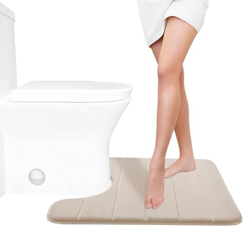 Yimobra Memory Foam Toilet Bath Mat U-Shaped, Soft and Comfortable, Super Water Absorption, Non-Slip, Thick, Machine Wash and Easier to Dry for Bathroom Commode Contour Rug, 24 X 20 Inches, Beige