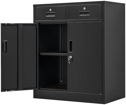 Metal Storage Cabinet, 36" H Locking Storage Cabinet with Two Drawers and Adjustable Shelf, Metal Cabinets for Office, Garage, Home-Black