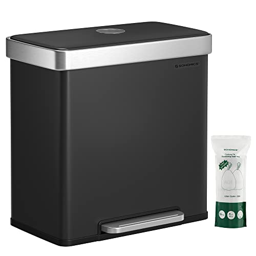 SONGMICS Kitchen Trash Can, 16 Gallon (2 x 8 Gallon) Dual Compartment Garbage Can, 60L Pedal Recycling Bin, Stays Open and Soft Close, Stainless Steel, 15 Bags Included, Ink Black ULTB202B01