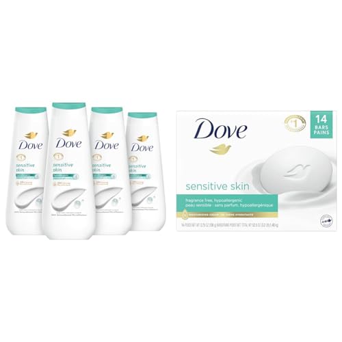 Dove Body Wash Sensitive Skin 4 Count Hypoallergenic, Paraben-Free, Sulfate-Free, Cruelty-Free & Beauty Bar More Moisturizing Than Bar Soap for Softer Skin, Fragrance-Free