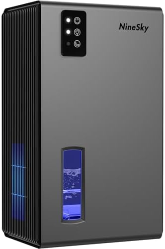 NineSky Dehumidifier for Home, 95 OZ Water Tank, (1000 sq.ft) Dehumidifiers for Bathroom Bedroom Basement with Auto Shut Off,7 Colors LED Light (Gray)