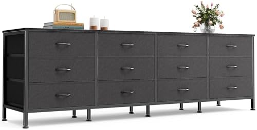 Huuger 70 Inch Black Dresser for Bedroom, TV Stand for 65, 75, 80 Inch TV, 12 Fabric Drawer Long Dresser, Wide Chest of Drawer, Storage Units for Living Room