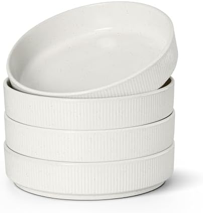 E-far Pasta Bowls Set of 4, 35oz Large Salad Bowl Plate for Dinner Serving Soup, Wide & Shallow Ceramic Stoneware Pasta Plates, Microwave & Dishwasher Safe, Textured Stripes & Speckled White, 8”