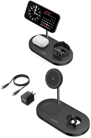 Anker Wireless Charging Station & 20W Charger, 533 Magnetic Wireless Charger (3-in-1 Stand), 5ft USB-C Cable, For iPhone 14 Series, AirPods 3/2/Pro, Apple Watch 1-6 (Watch Cable Not Included)
