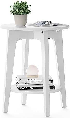 VASAGLE Side Table, Small Round End Table with Lower Shelf, Nightstand for Small Spaces, Living Room, Bedroom, White ULET283T14