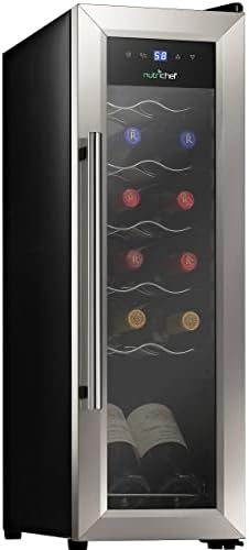 Nutrichef 12 Bottle Stainless Steel Slim Wine Fridge | Red & White Wine Chiller | Adjustable Temperature Control, Ultra Quiet Operation & Energy Efficient | Mini Wine Cooler Refrigerator | 31x10x17 IN