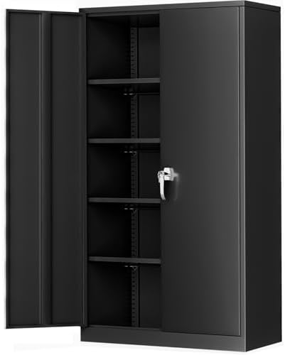 Greenvelly Steel SnapIt Storage Cabinet, 72" Locking Metal Garage Storage Cabinet with 4 Adjustable Shelves, 2 Doors and Lock for File, Office, Garage, Home (Black)