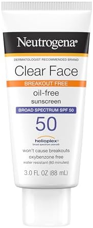 Neutrogena Clear Face Sunscreen Lotion for Acne-Prone Skin, Broad Spectrum SPF 50 Facial Sunscreen for Oily Skin, Oil-, Fragrance- & Oxybenzone-Free Water Resistant Sunscreen, 3 fl. oz