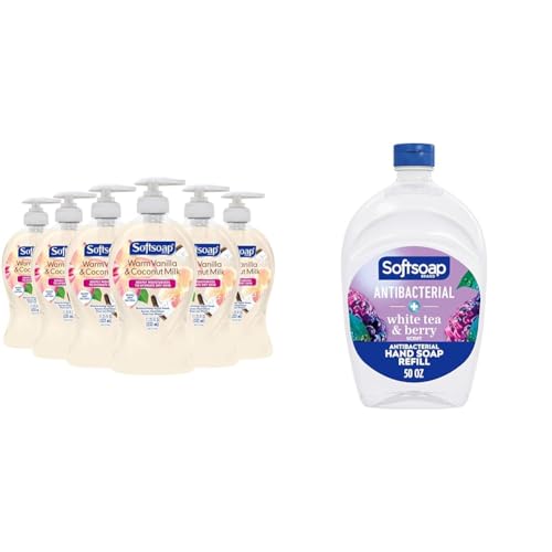 Softsoap Warm Vanilla & Coconut Milk Hand Soap, 6 Pack 11.25oz Each & Antibacterial White Tea & Berry Hand Soap Refill 50oz