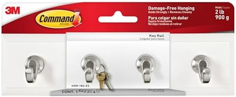 Command Key Rail, Holds up to 2 lb, 8-inch Rail with 4 Key Hooks and 6 Command Strips, Quartz, Removable Key Hooks for Entryway or Hallway, Hang Keys, Hats, Dog Leashes, and Accessories