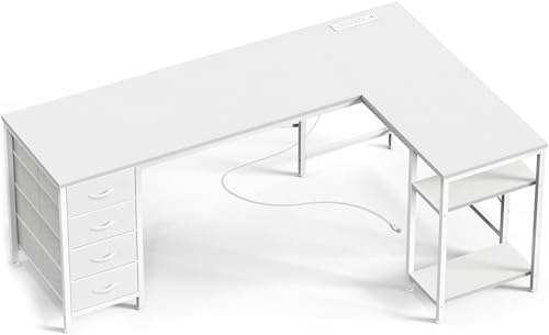 Huuger 63 Inch L Shaped Desk with Fabric Drawers, Reversible Computer Gaming Desk with Power Outlets and USB-C Port, Adjustable Side Storage Shelves, for Work Study Corner Home Office, White