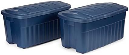 Rubbermaid Roughneck Tote 40 Gal, 2 Pack, Made in USA, Dark Indigo Metallic, Rugged Plastic Stackable Storage Bins with Lids and Handles