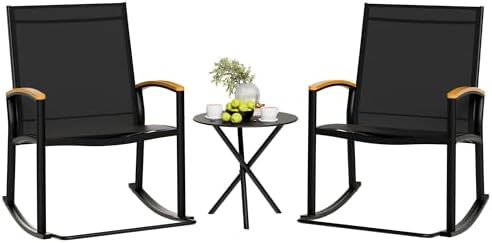 Shintenchi 3 Piece Outdoor Rocking Bistro Set, Textilene Fabric Small Patio Furniture Set, Front Porch Rocker Chairs Conversation Set with Table for Lawn, Garden, Balcony, Poolside (Black)