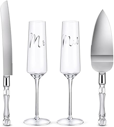 Boao 4 Pieces Wedding Toasting Flutes and Cake Server Set Wedding Reception Supplies Champagne Glasses Cake Knife Pie Server (Clear,Classic)