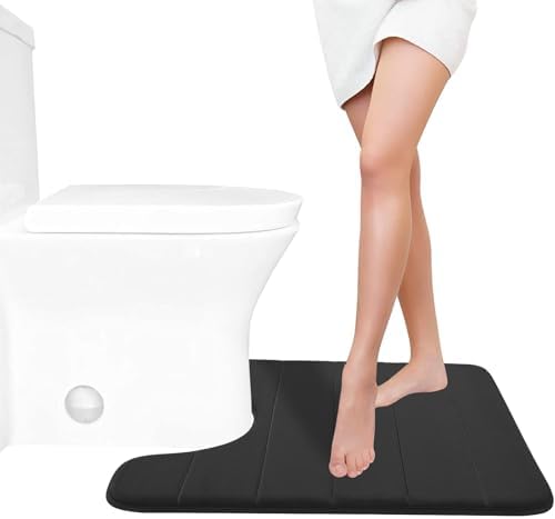 Yimobra Memory Foam Toilet Bath Mat U-Shaped, Soft and Comfortable, Super Water Absorption, Non-Slip, Thick, Machine Wash and Easier to Dry for Bathroom Commode Contour Rug, 24 X 20 Inches, Black