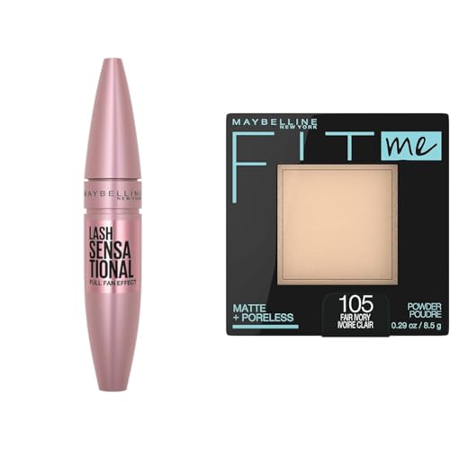 Maybelline Lash Sensational Washable Mascara, Lengthening and Volumizing for a Full Fan Effect & Fit Me Matte + Poreless Pressed Face Powder Makeup & Setting Powder, Fair Ivory, 1 Count