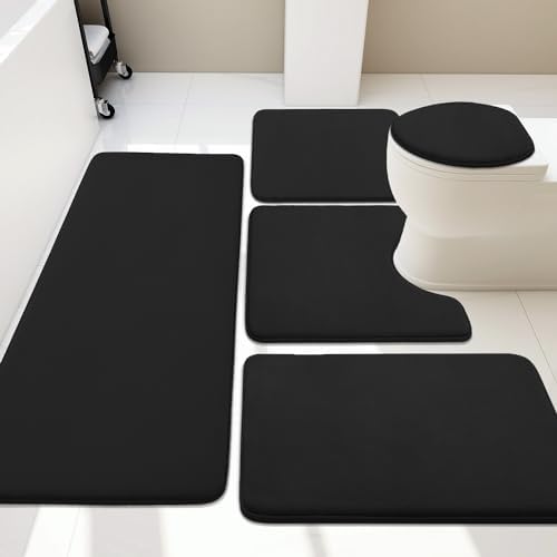 YIHOUSE Bathroom Rug Set 5 Piece, Memory Foam Bath Mat Set, Super Absorbent Bath Mats for Bathroom - Non-Slip Washable Dry Quickly Bath Rugs, Black