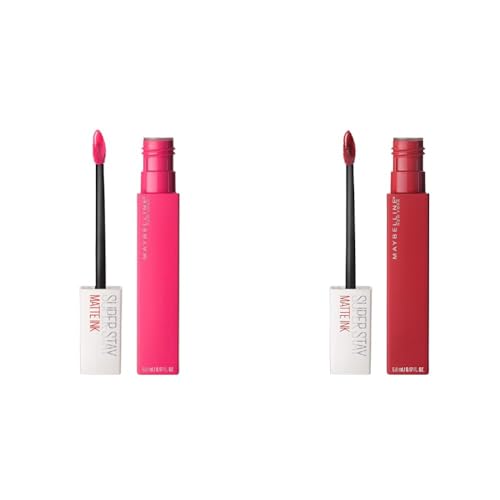 MAYBELLINE Super Stay Matte Ink Liquid Lipstick Romantic Vivid Pink & Pioneer Blue Red Long Lasting High Impact Color Up to 16H Wear 2 Count