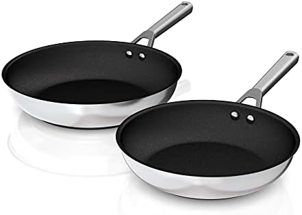 Ninja C62200 Foodi NeverStick Stainless 10.25-Inch & 12-Inch Fry Pan Set, Polished Stainless-Steel Exterior, Nonstick, Durable & Oven Safe to 500°F, Silver