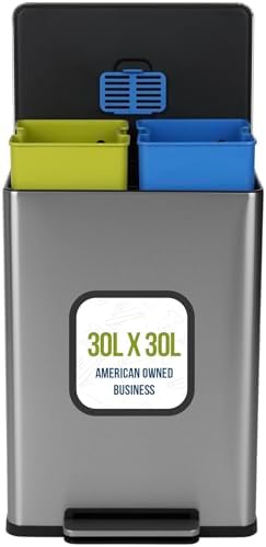 Simpli-Magic 16 Gallon (60L) Step Trash Can – Dual Compartment Kitchen Garbage Can – Waste & Recycling Bins, Slow-Close Lid, Odor Control, Hands-Free, Easy to Clean, Infinity Edge Stainless Steel