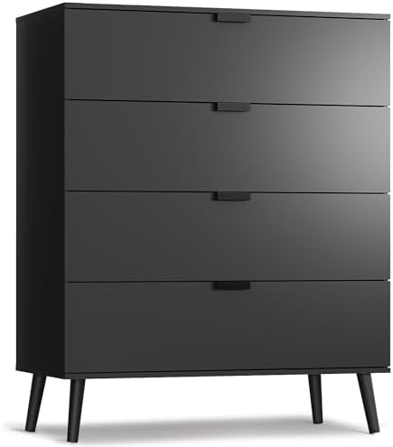 WLIVE 4 Drawer Dresser for Bedroom, Black Tall Dresser, Modern Wood Dressers with Sturdy Metal Handle, Small Chest of Drawers for Living Room, Hallway