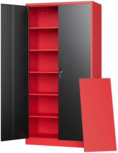 Letaya Metal Storage Cabinets with Lock, 72" Tall Locker Organizer Steel Cabinets, Adjustable Layers Shelves 2 Doors for Home, Office, Warehouse,Garage(Black Red)