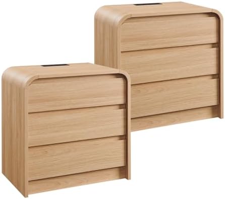 25" Tall Modern Nightstand Set of 2, 23.6" Wide Wood Bedside Table with Charging Station, 3 Storage Drawers Side Table w/Curved Profile Design,End Table for Bedroom, Natural Oak